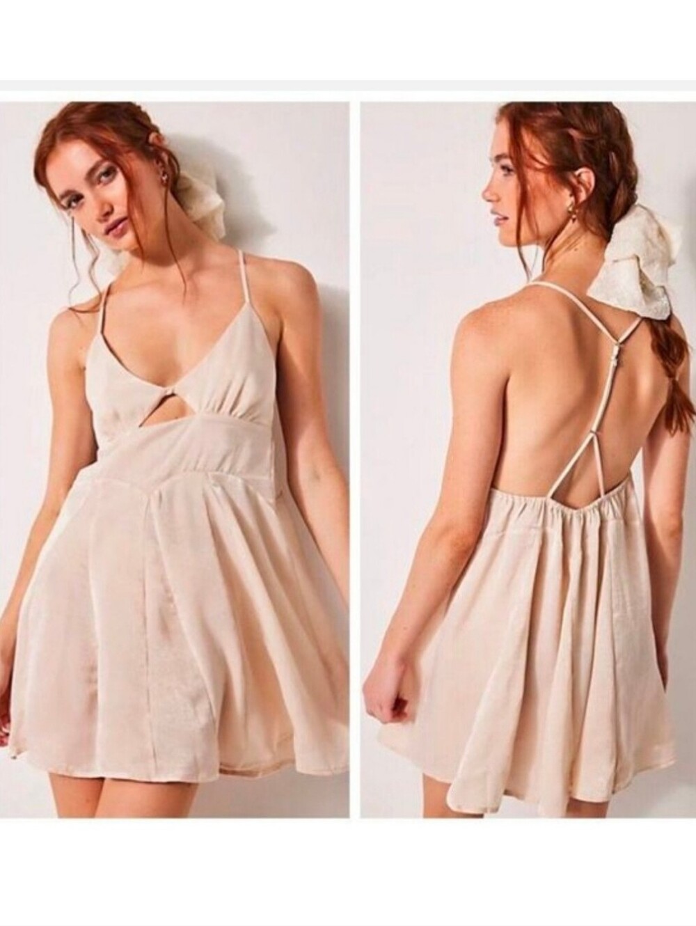 Free People Good Catch Pink Cream Satin Babydoll Slip Dress - Medium